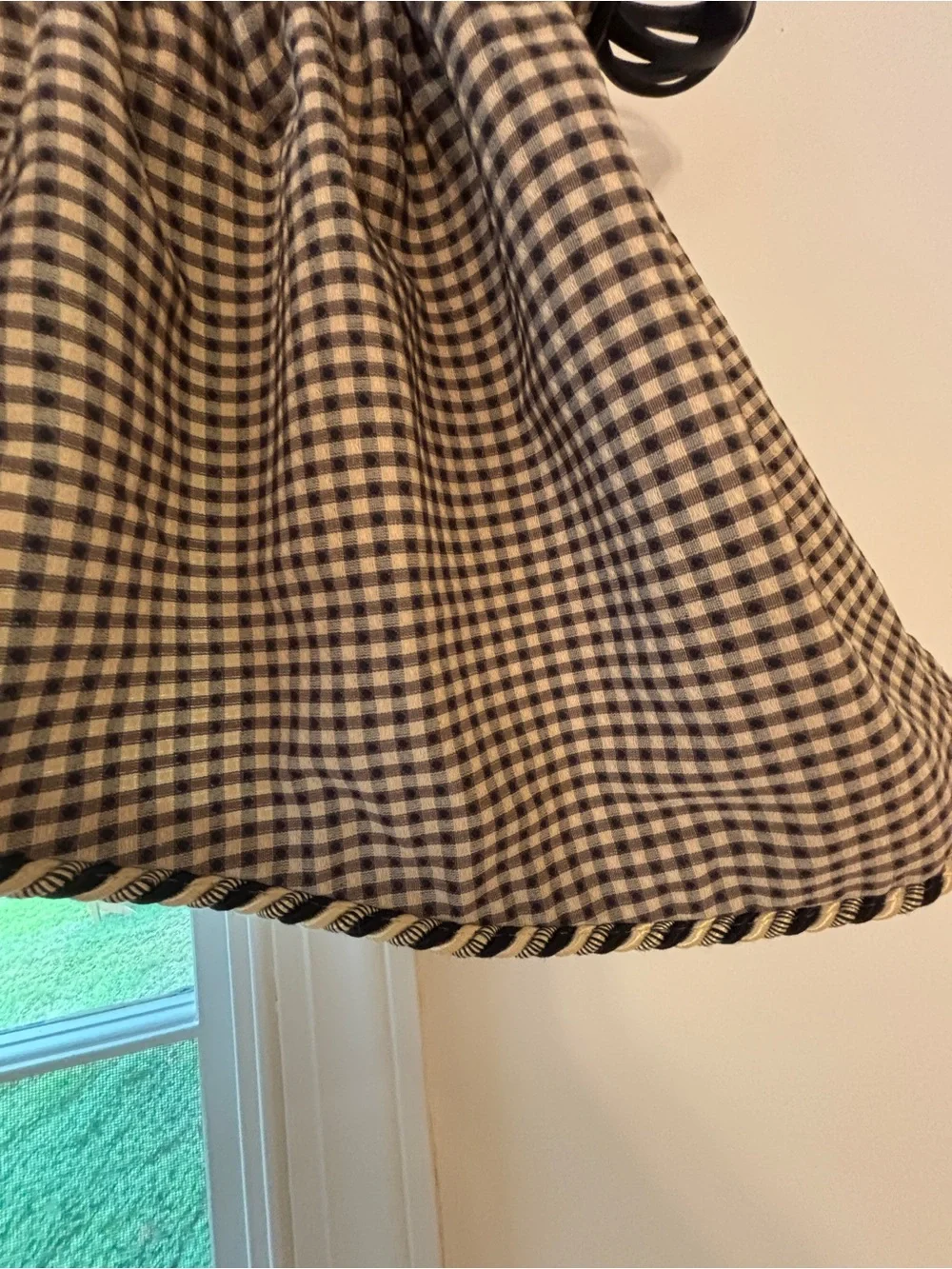 Vintage Set of 3 Black and Tan Gingham Scalloped Valances w/ Braid Trim